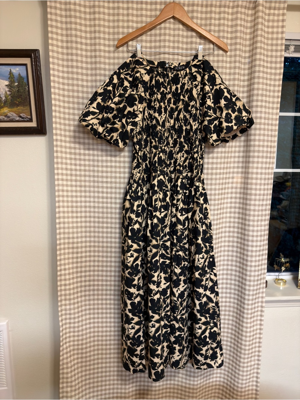 J. Crew Black and Cream Floral Puff-Sleeve Midi Dress